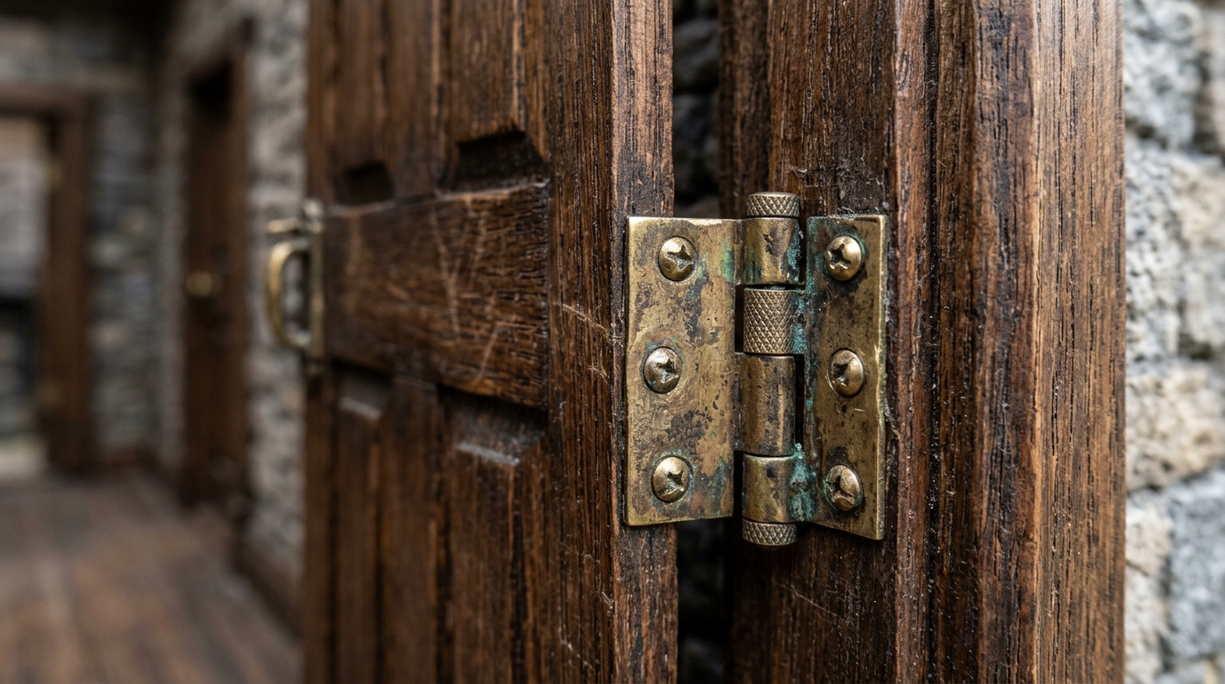 Detailed view of unlacquered brass hinges and a custom-carved door handle on a miniature luxury structure.
