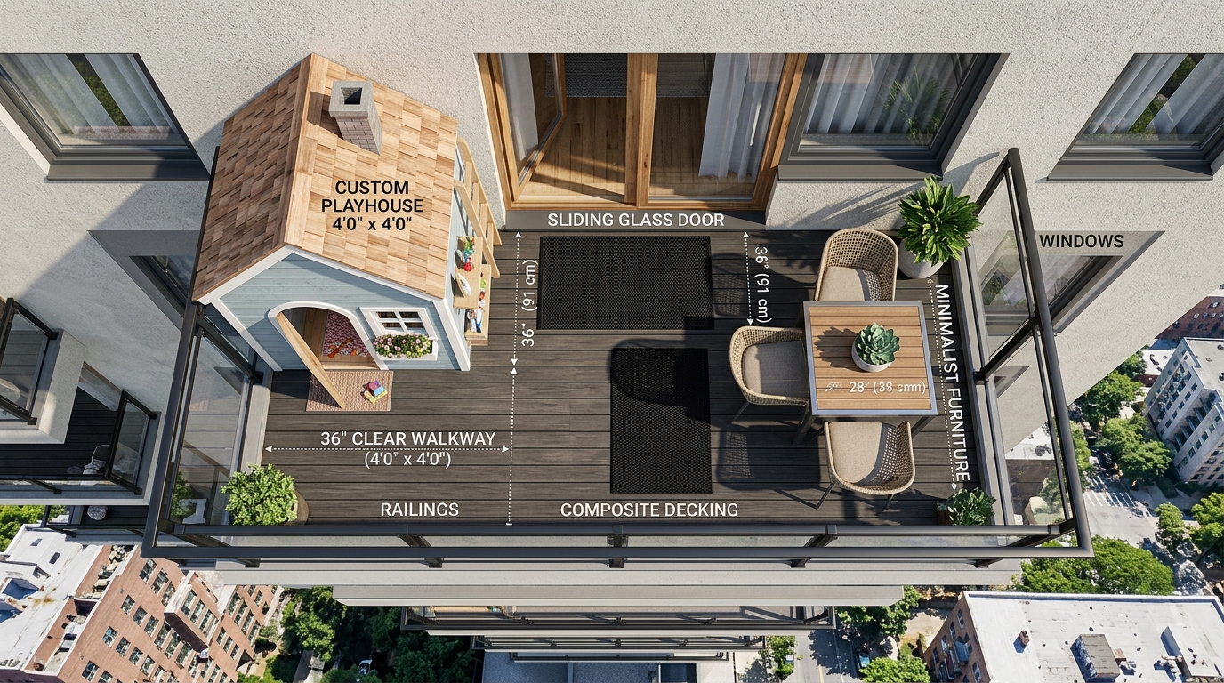 Top-down architectural perspective showing the 36-inch clearance and spatial layout of a balcony playhouse positioned against a structural column for optimal flow.