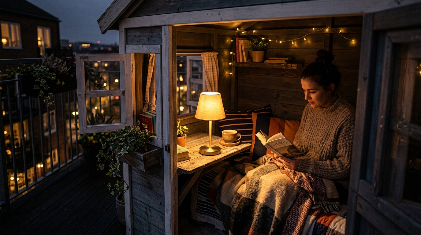 Soft-focus background of city lights with a sharply focused 2700K portable LED lamp sitting on a playhouse window sill.