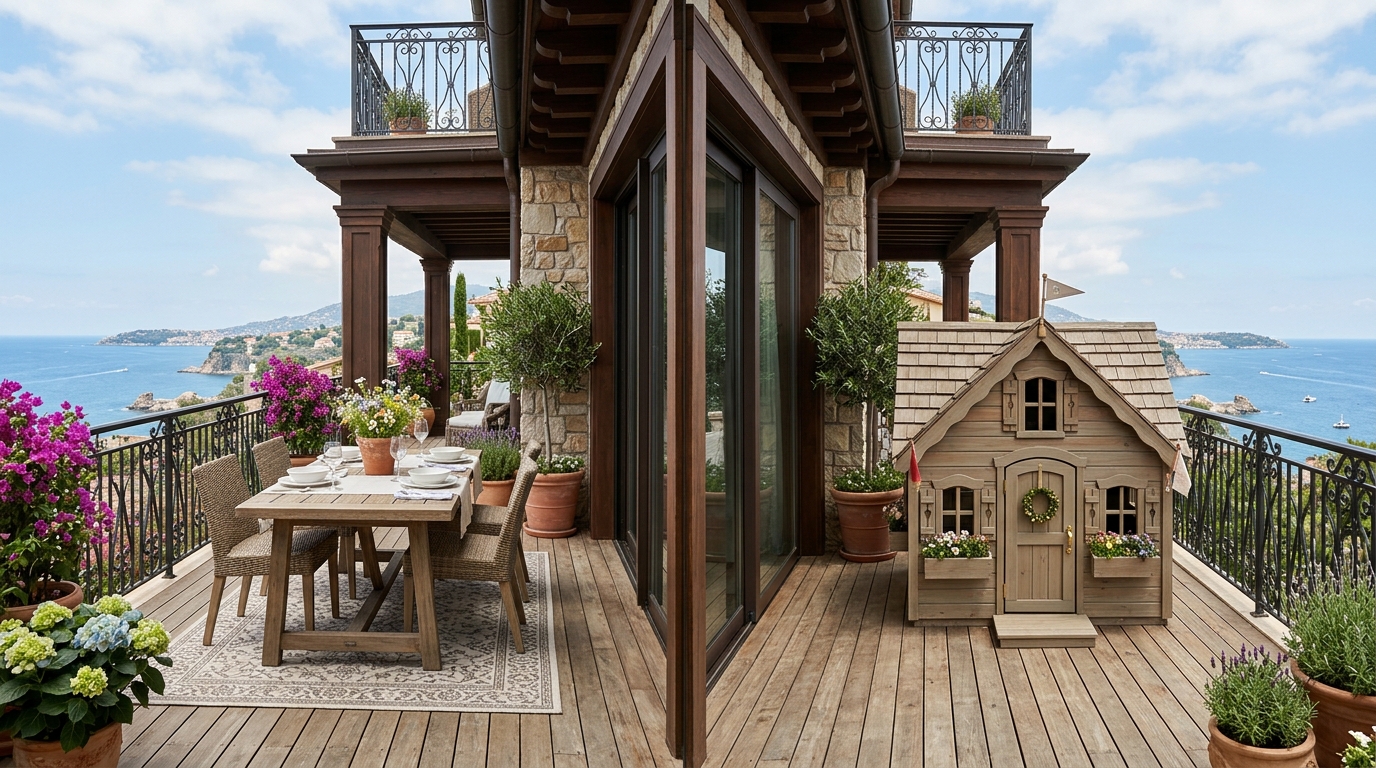 Symmetric composition of two small apartment balcony ideas: a compact dining nook and a matching custom playhouse on opposite ends.