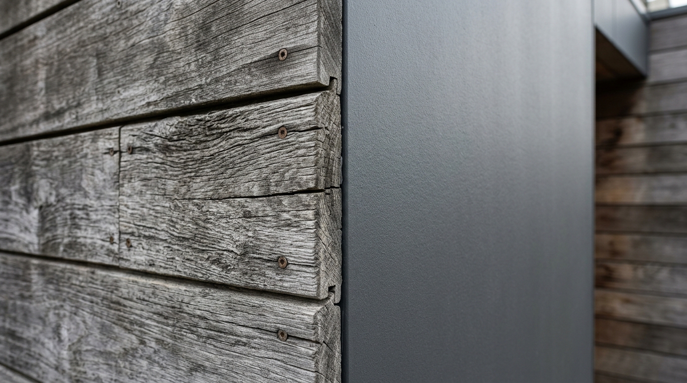 Texture study of weathered Ipe wood slats against a matte 'Ammonite' painted wall on a modern terrace.