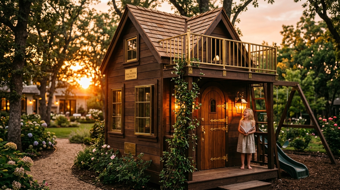 Reflection of a sunset in the polished brass details of a high-end kids outdoor structure.
