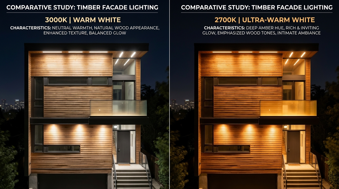 Comparison shot of 3000K task lighting versus 2700K ambient lighting in an outdoor play environment.