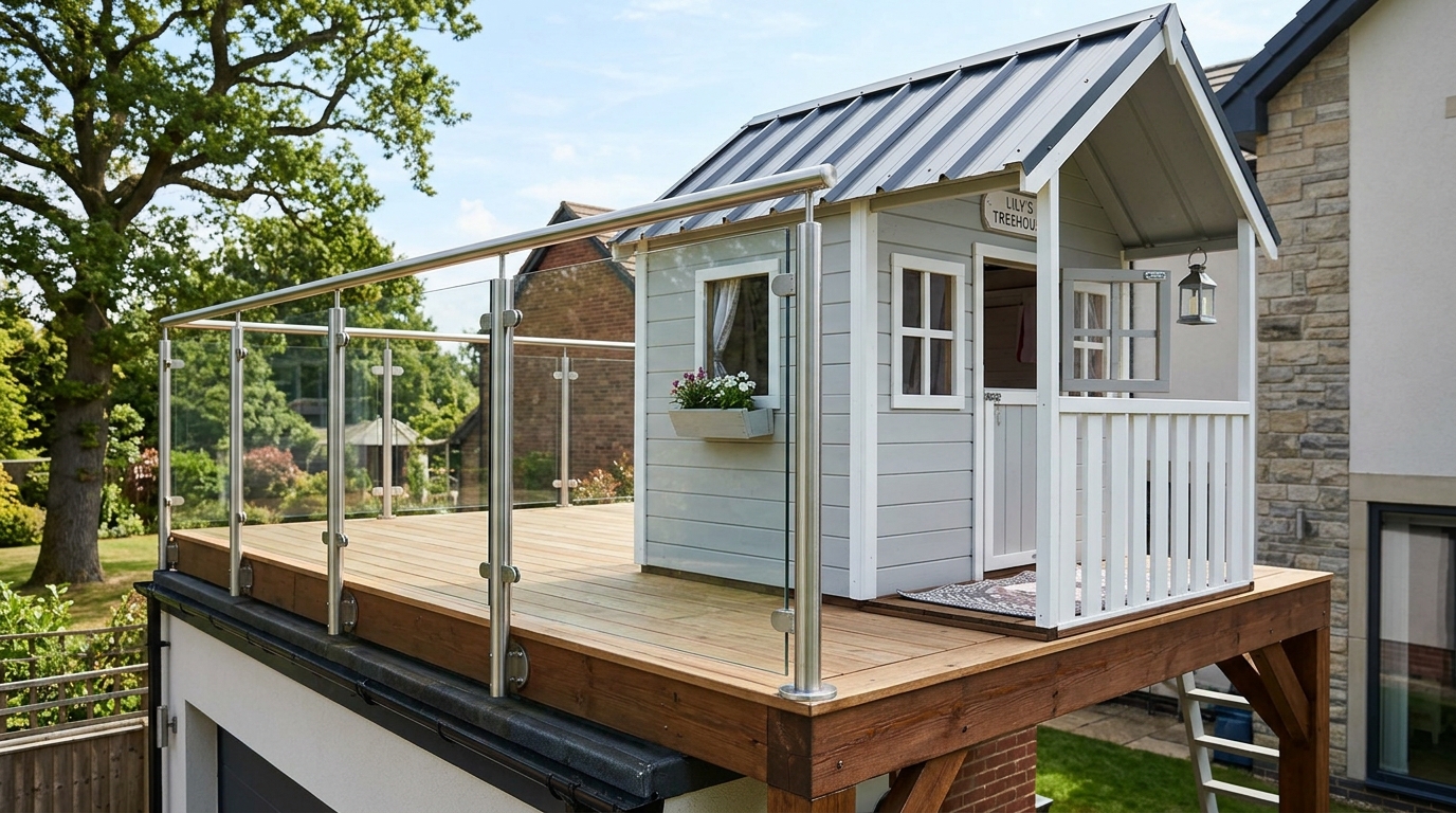 Sleek architectural railing system integrated with the base of a custom playhouse for seamless safety.