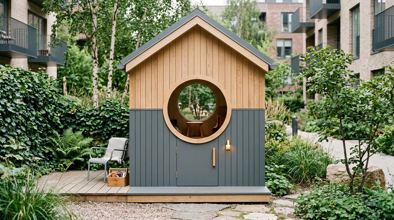 Portrait of a minimalist playhouse facade with a circular porthole window, designed to mimic modern Nordic architecture.
