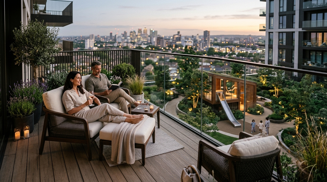 A pair of luxury outdoor lounge chairs positioned to overlook the child's play area, maintaining adult sightlines.