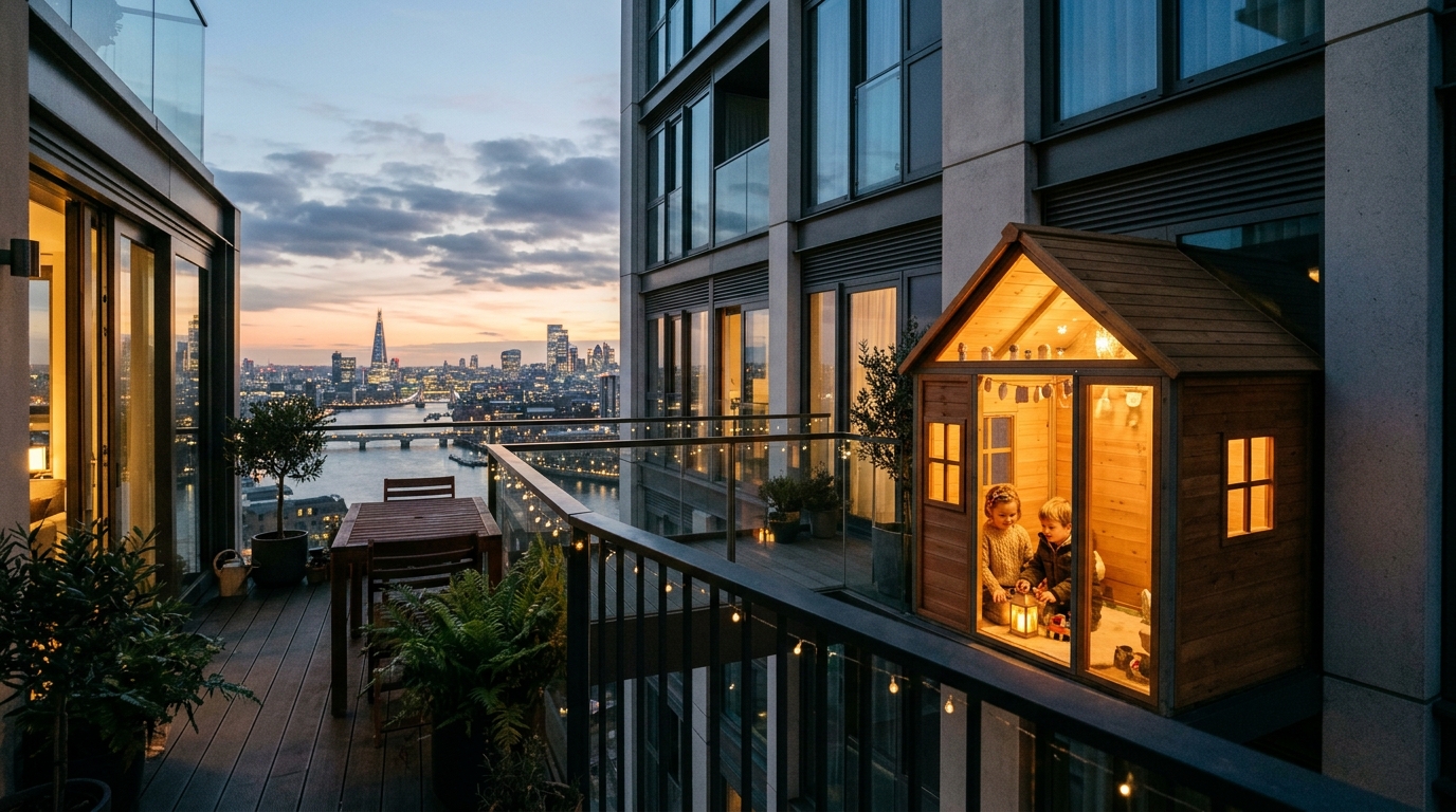 Final evocative shot of the miniature mansion glowing at twilight, perfectly scaled to the high-rise architecture.