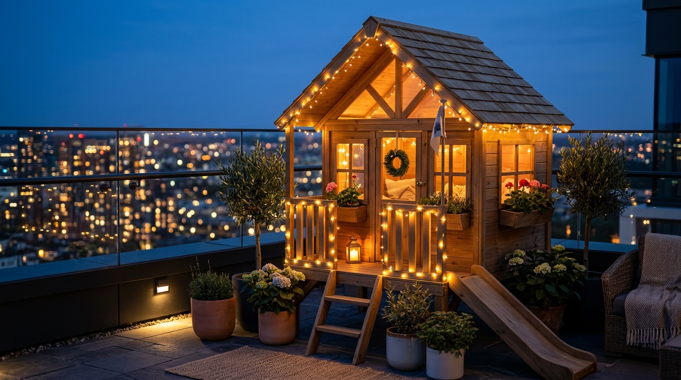 Evening atmospheric shot of a balcony playhouse illuminated by warm 2700K string lights and recessed LED pucks, creating a soft amber glow against the city skyline.