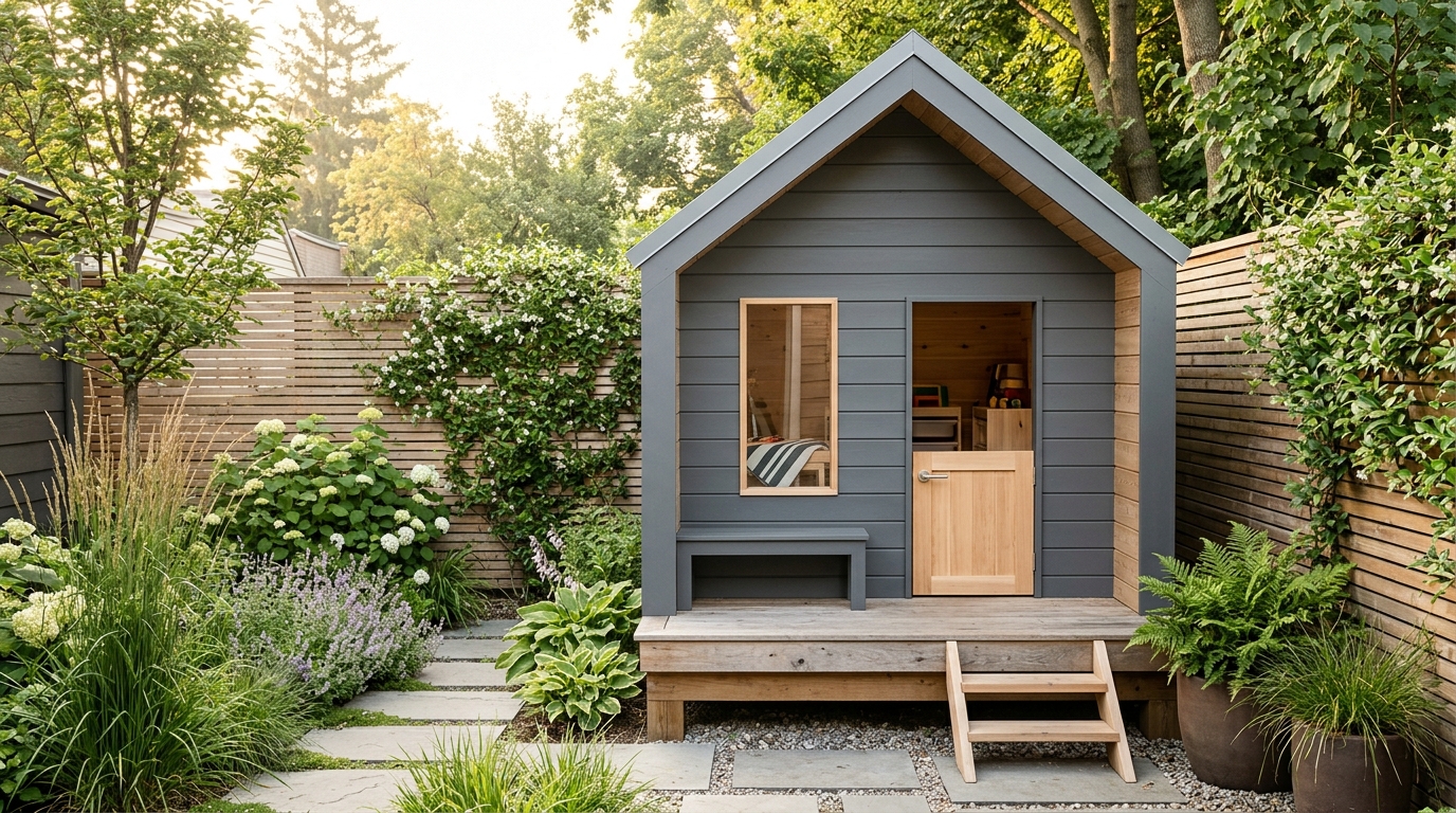 Sleek custom outdoor playhouse for small spaces finished in Farrow & Ball Ammonite with a minimalist pitched roof and glass-less windows.