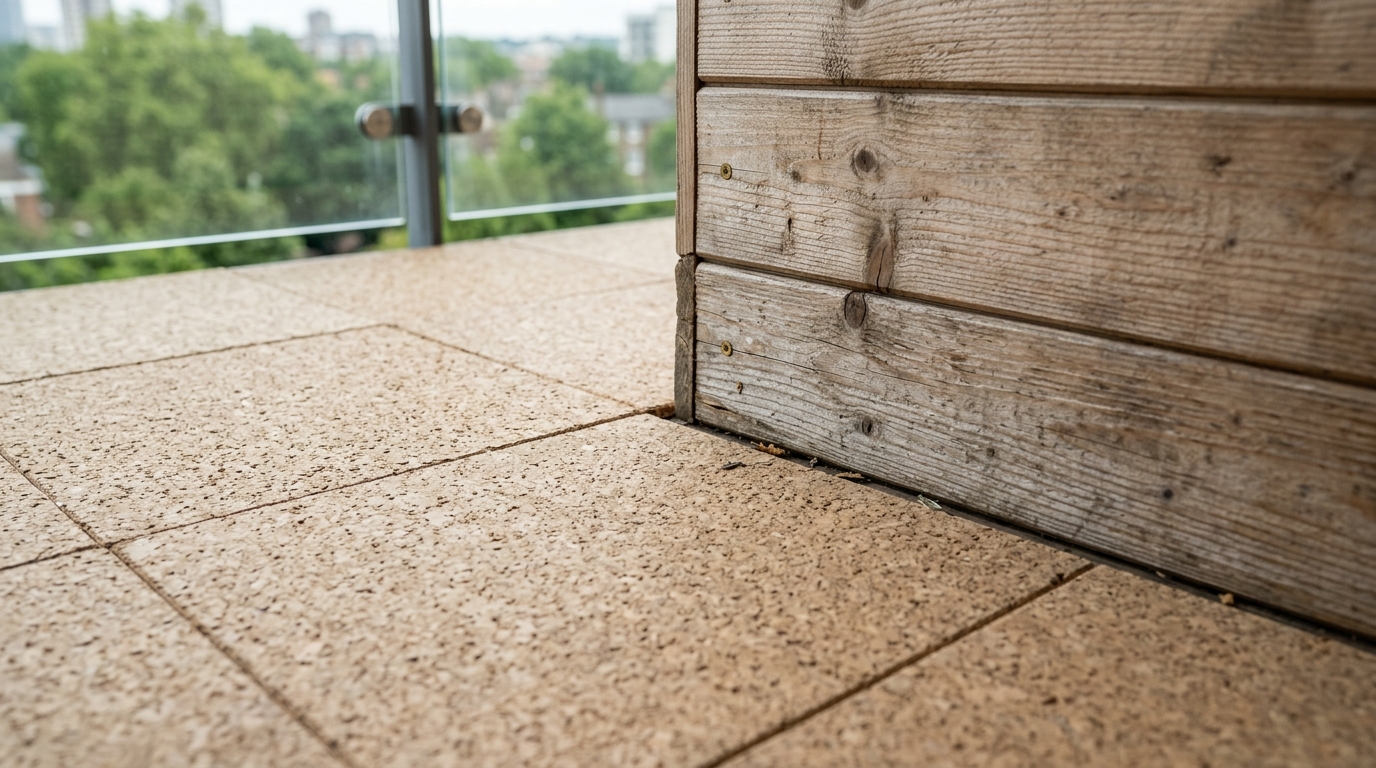 Close-up of toddler-safe balcony flooring solutions featuring high-density cork tiles layered with a neutral-toned outdoor rug.