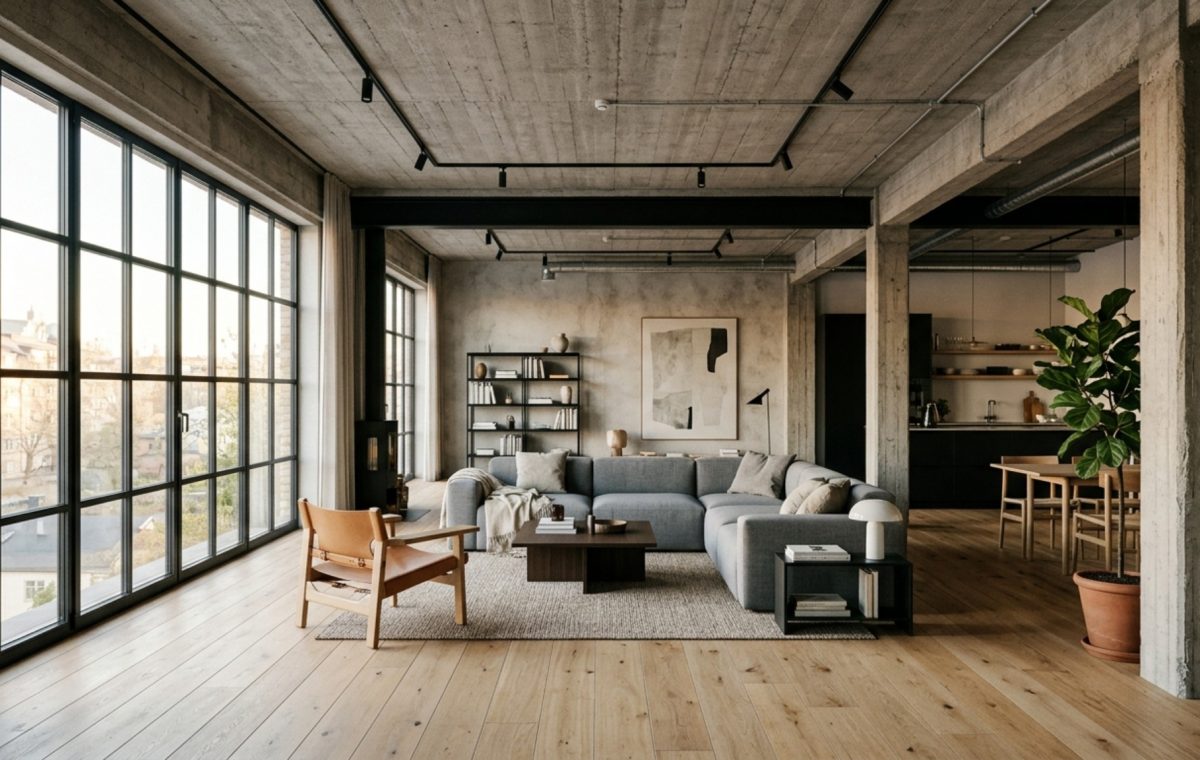 Open plan scandinavian industrial loft decor ideas showing 42-inch circulation clearances between a charcoal modular sofa and a white oak kitchen island under 12-foot concrete ceilings.