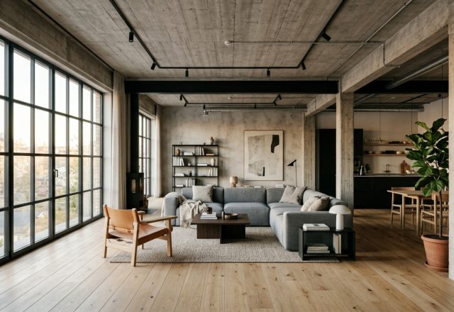 Open plan scandinavian industrial loft decor ideas showing 42-inch circulation clearances between a charcoal modular sofa and a white oak kitchen island under 12-foot concrete ceilings.