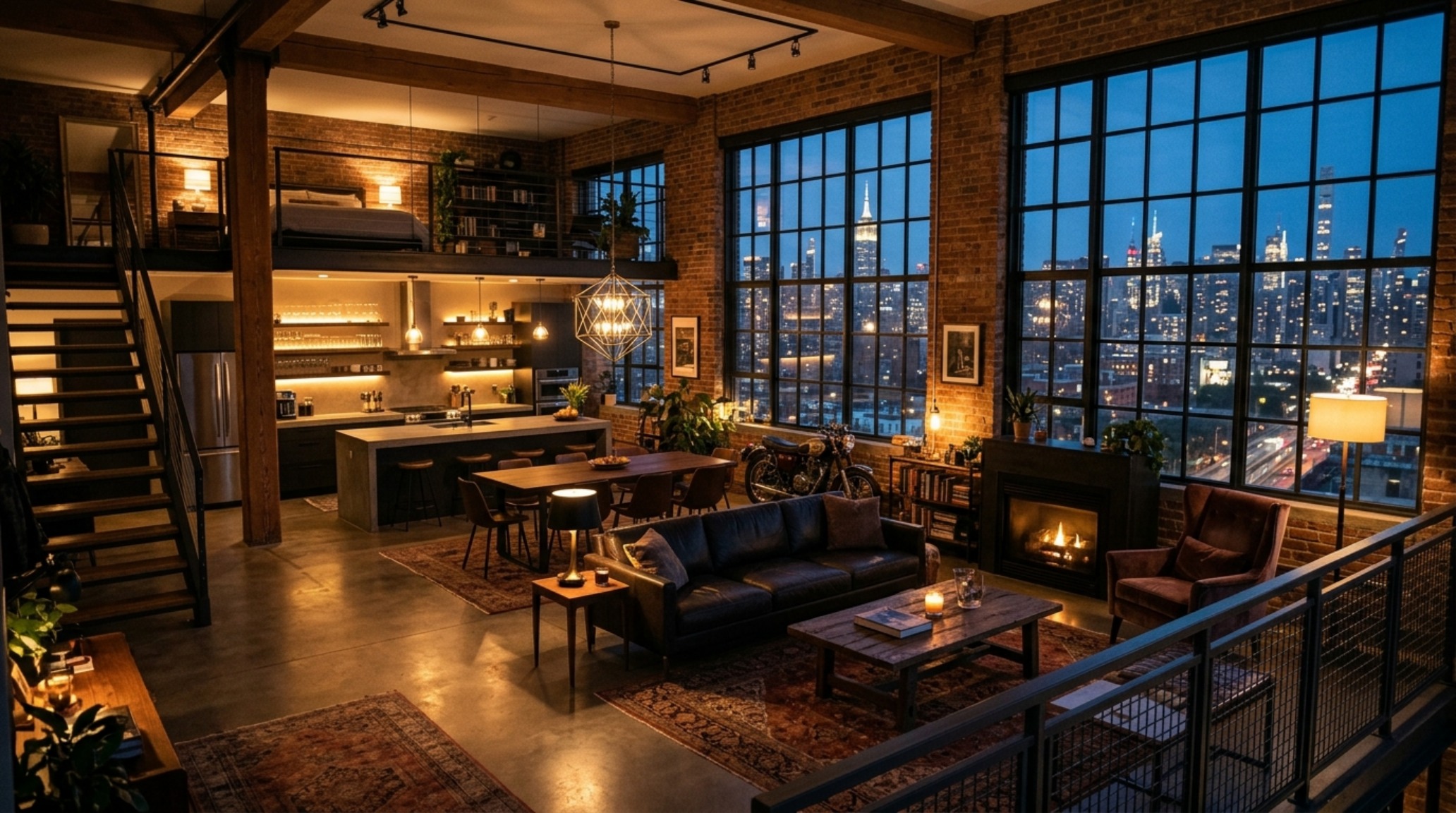 Evening view of a scandinavian industrial loft showing layered lighting with warm 2700K floor lamps and a soft glow on exposed ductwork.