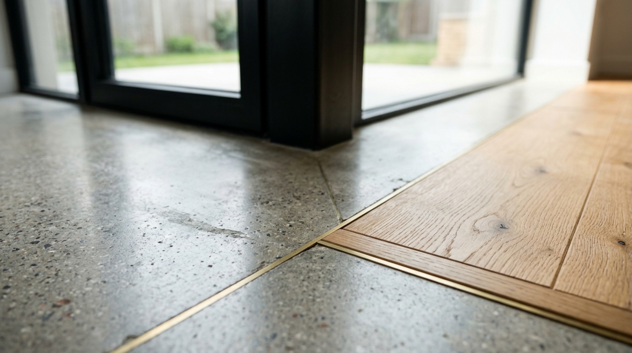 Detail shot of scandinavian industrial loft decor ideas materials featuring honed concrete flooring meeting brushed white oak planks with a blackened steel transition strip.