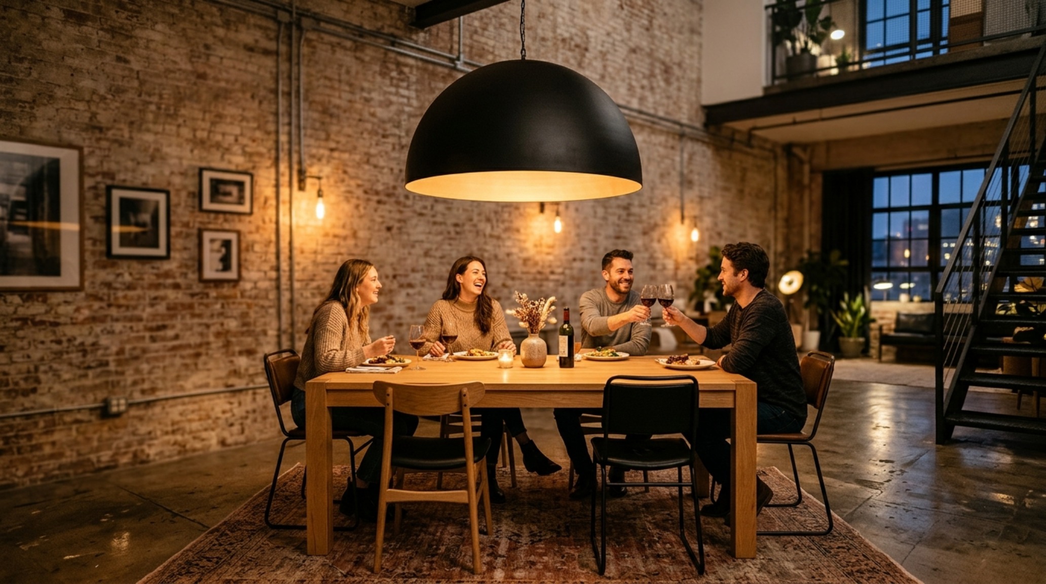Architectural lighting design in a loft featuring 2700K warm ambient pendants and high CRI matte black track lighting highlighting a limewash wall.
