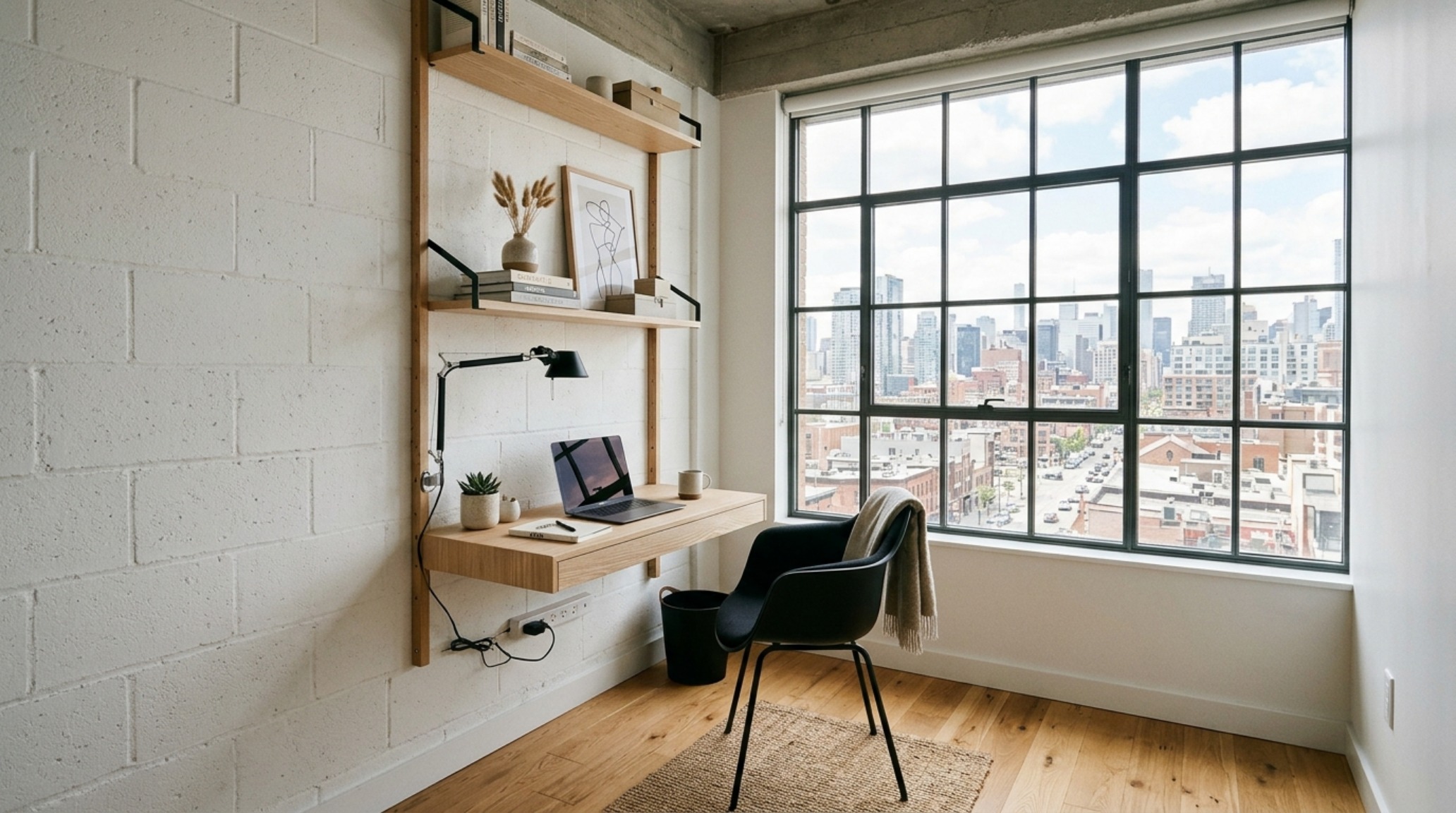 Small space scandinavian industrial loft decor ideas layout featuring a wall-mounted ash wood desk and vertical storage solutions in a high-ceiling studio.
