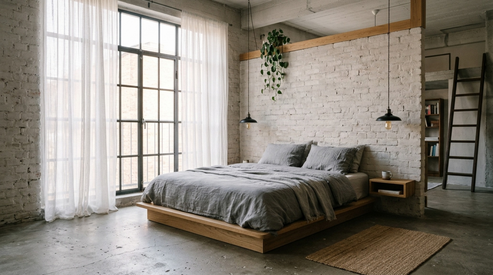 Luxury scandinavian industrial loft decor ideas bedroom zone with sheer linen curtains and low-profile furniture to maintain sightline alignment across the open floor plan.