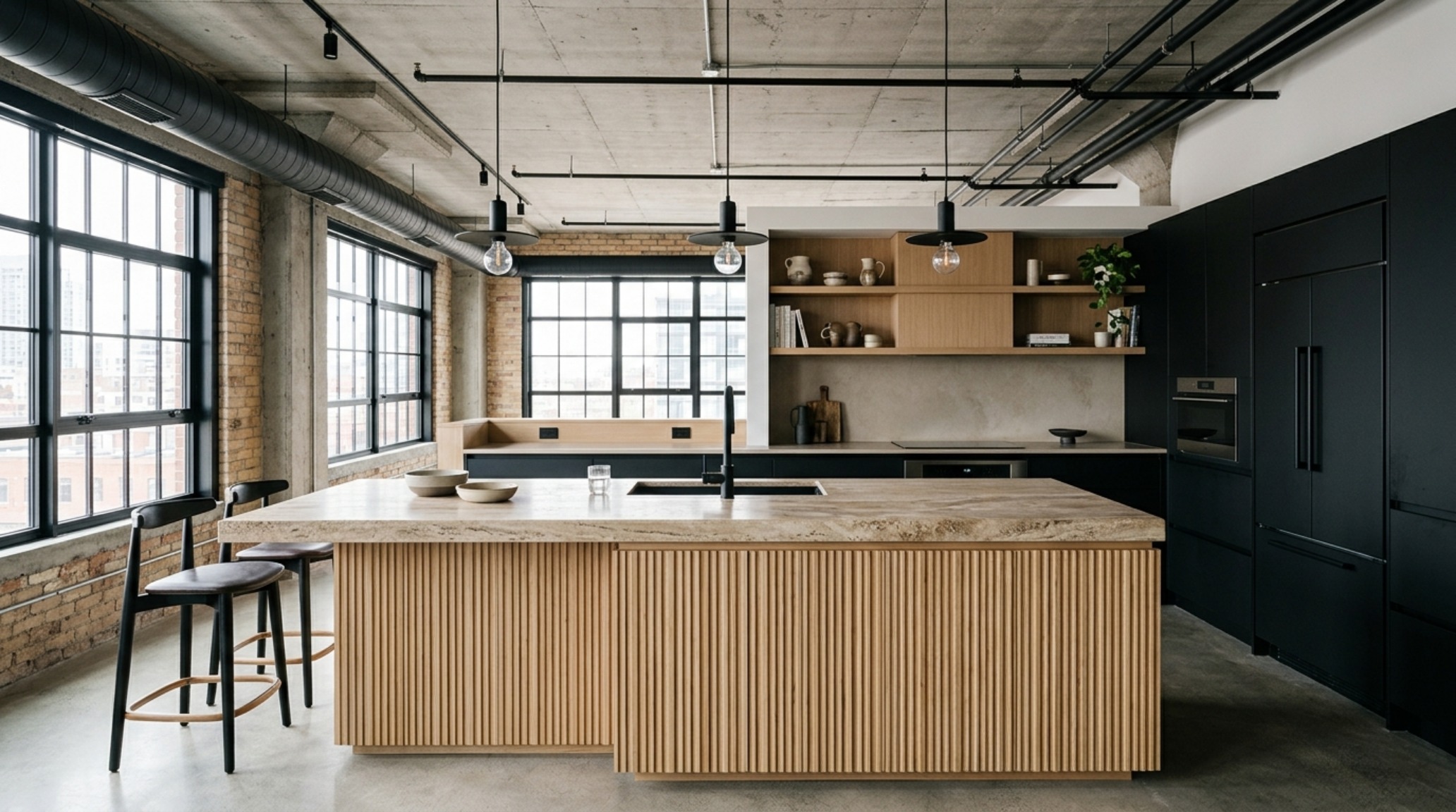 Gourmet loft kitchen featuring fluted oak cabinetry, honed travertine countertops, and industrial black steel faucet fixtures with 30-inch dining clearance.