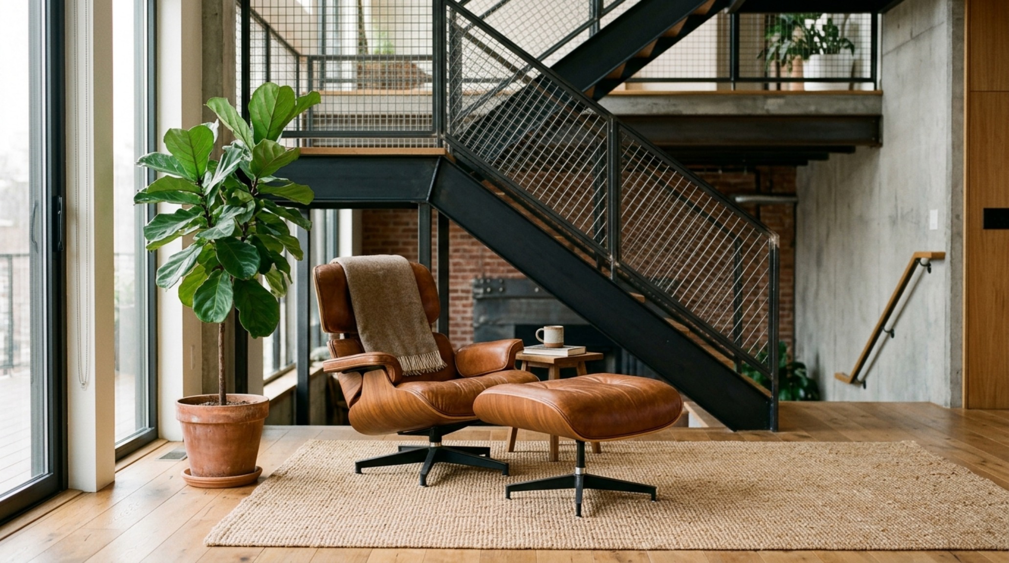 Scandinavian industrial living room with a large jute rug anchoring a cognac leather sofa and a marble coffee table placed exactly 18 inches away.