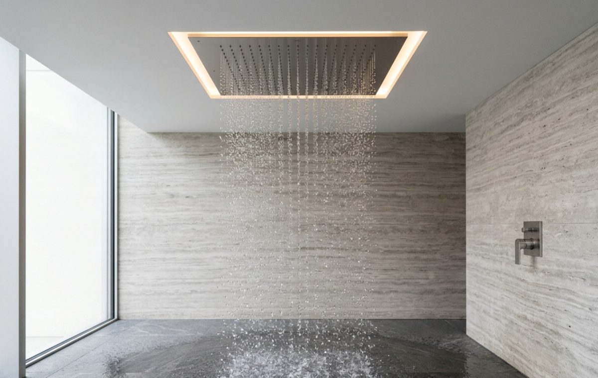 Dornbracht Rain Sky M installation integrated into a seamless dropped ceiling with warm 2700K LED accent lighting and silver travertine walls.