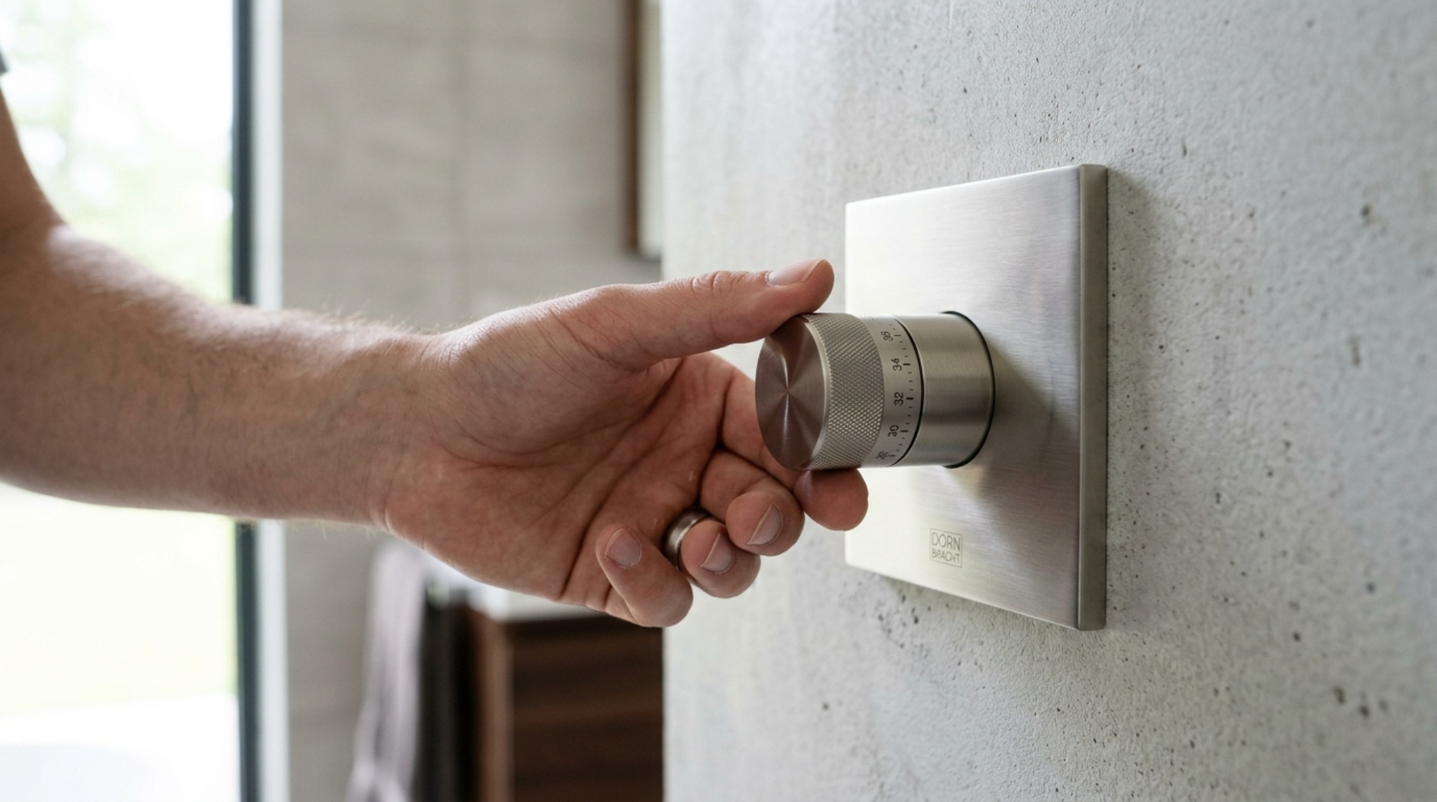 Dornbracht xTool thermostat control dials featuring knurled detailing and precise temperature settings for multiple water outlets.