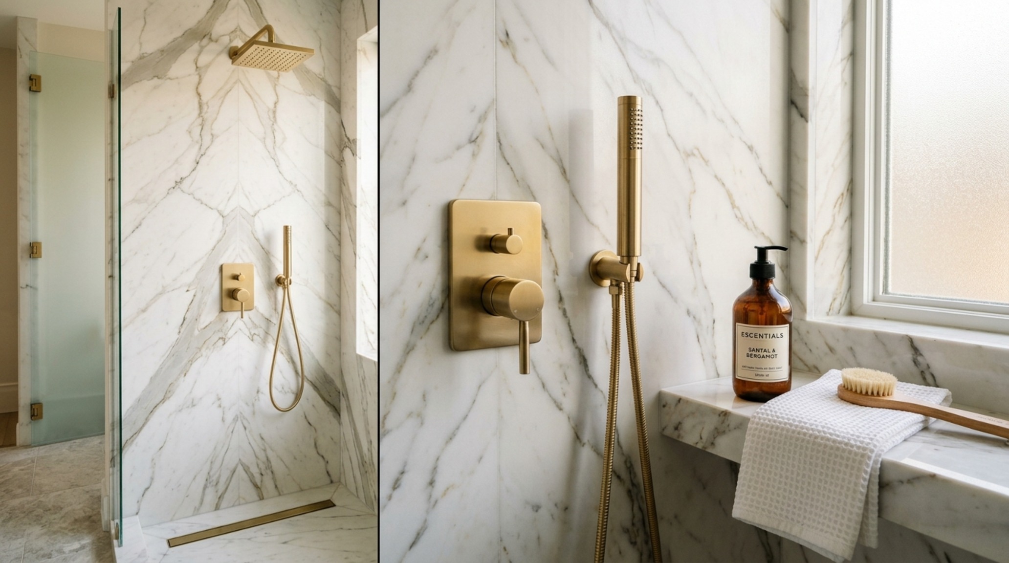 Spa-grade bathroom plumbing fixtures curated in a luxury wet room with floor-to-ceiling bookmatched Calacatta Viola marble.