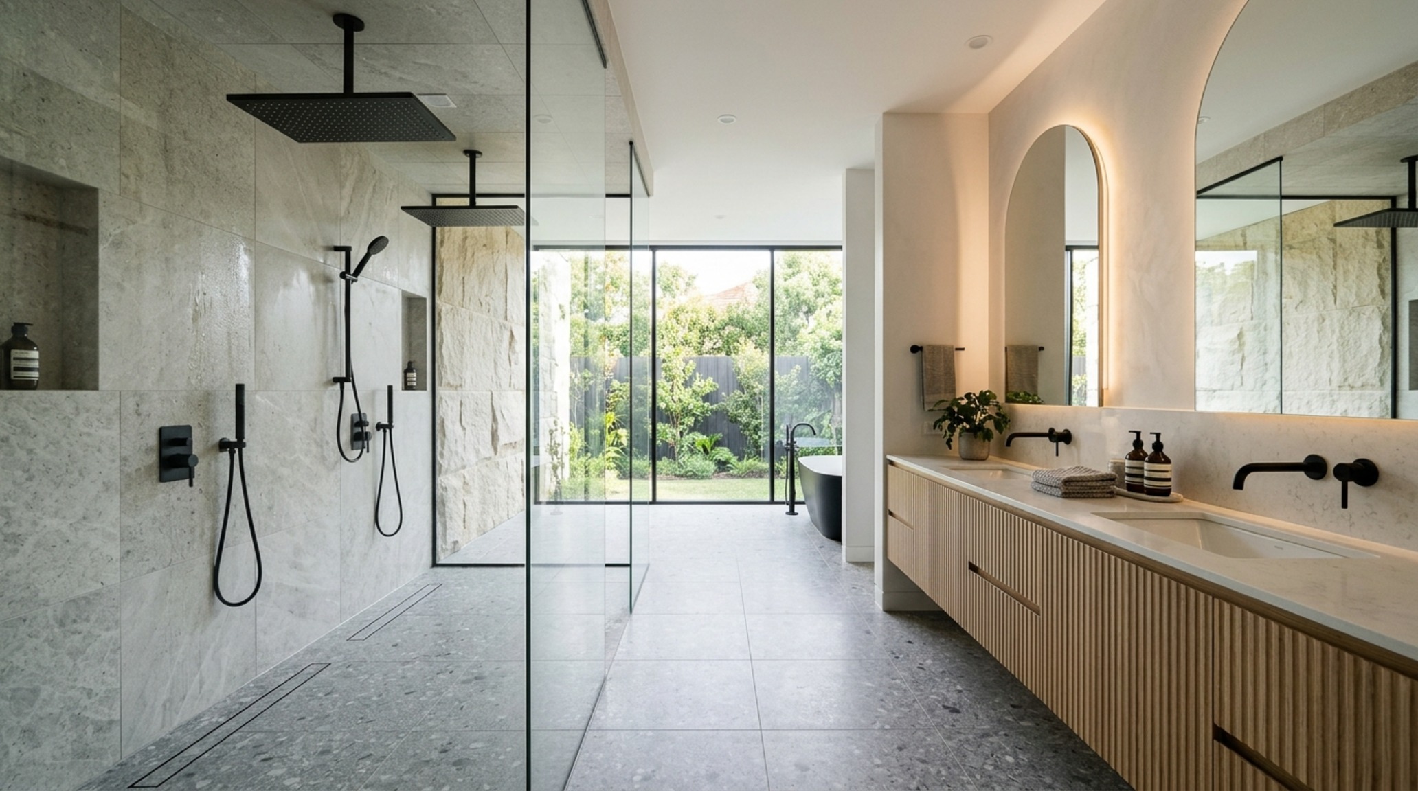 Luxury ceiling mounted shower systems featured in a large format walk-in shower with matte black fixtures and fluted white oak cabinetry.