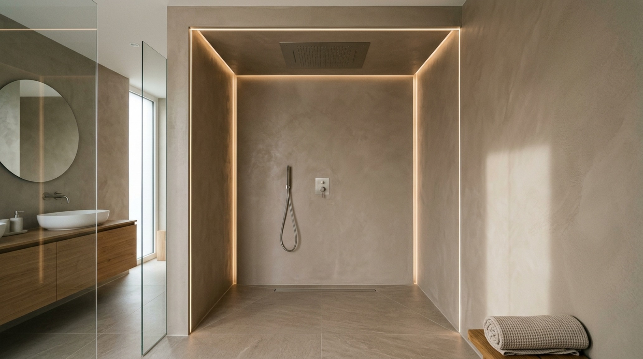 Recessed rain panel bathroom design showcasing a flush-mounted Dornbracht unit with a signature light gap and neutral plaster finishes.