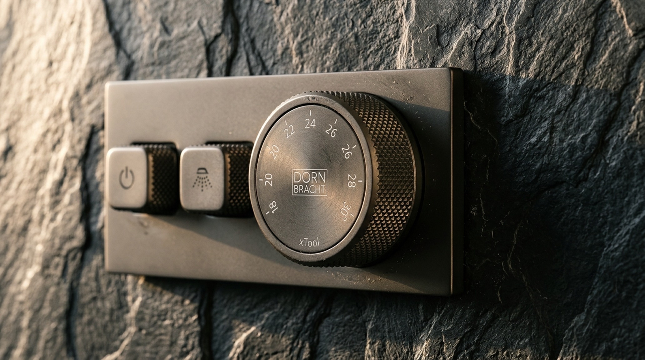 Dornbracht xTool thermostat control in a stunning Dark Platinum Matt finish mounted on a slab of honed Nero Marquina marble.