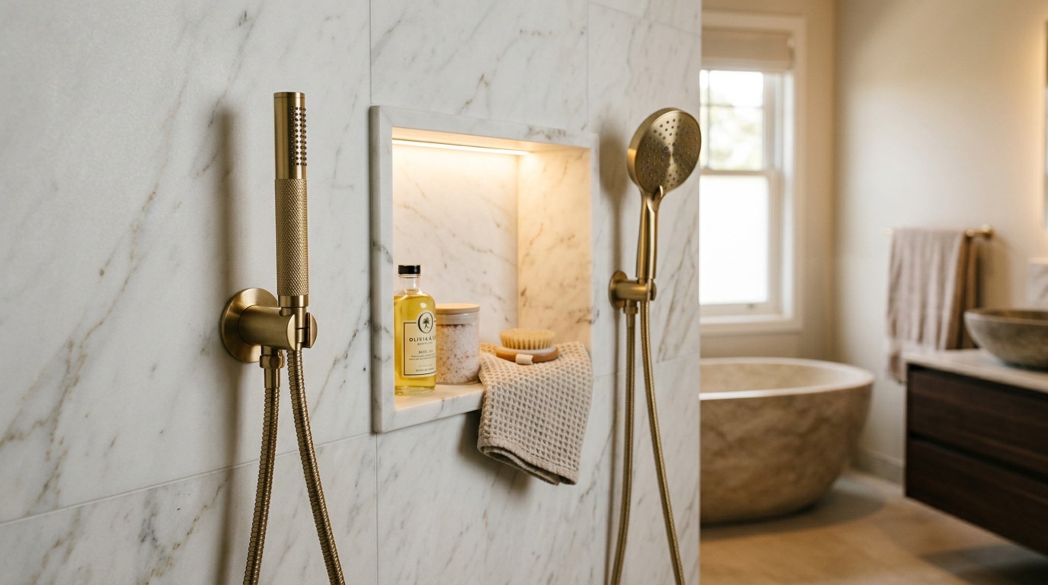 Spa-grade bathroom plumbing fixtures including a wall-mounted hand shower and body sprays in a contemporary Champagne Gold finish.