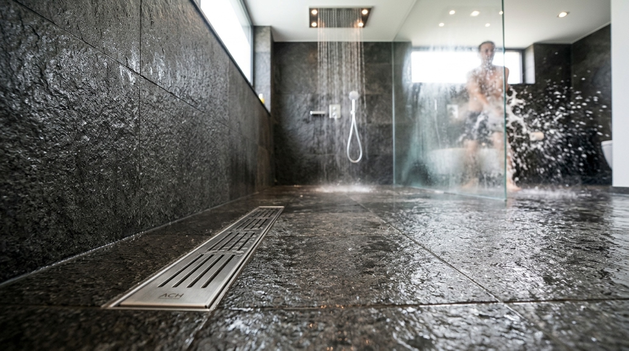 Luxury ceiling mounted shower systems with high-flow GPM performance and a linear drain system for a seamless floor plane.