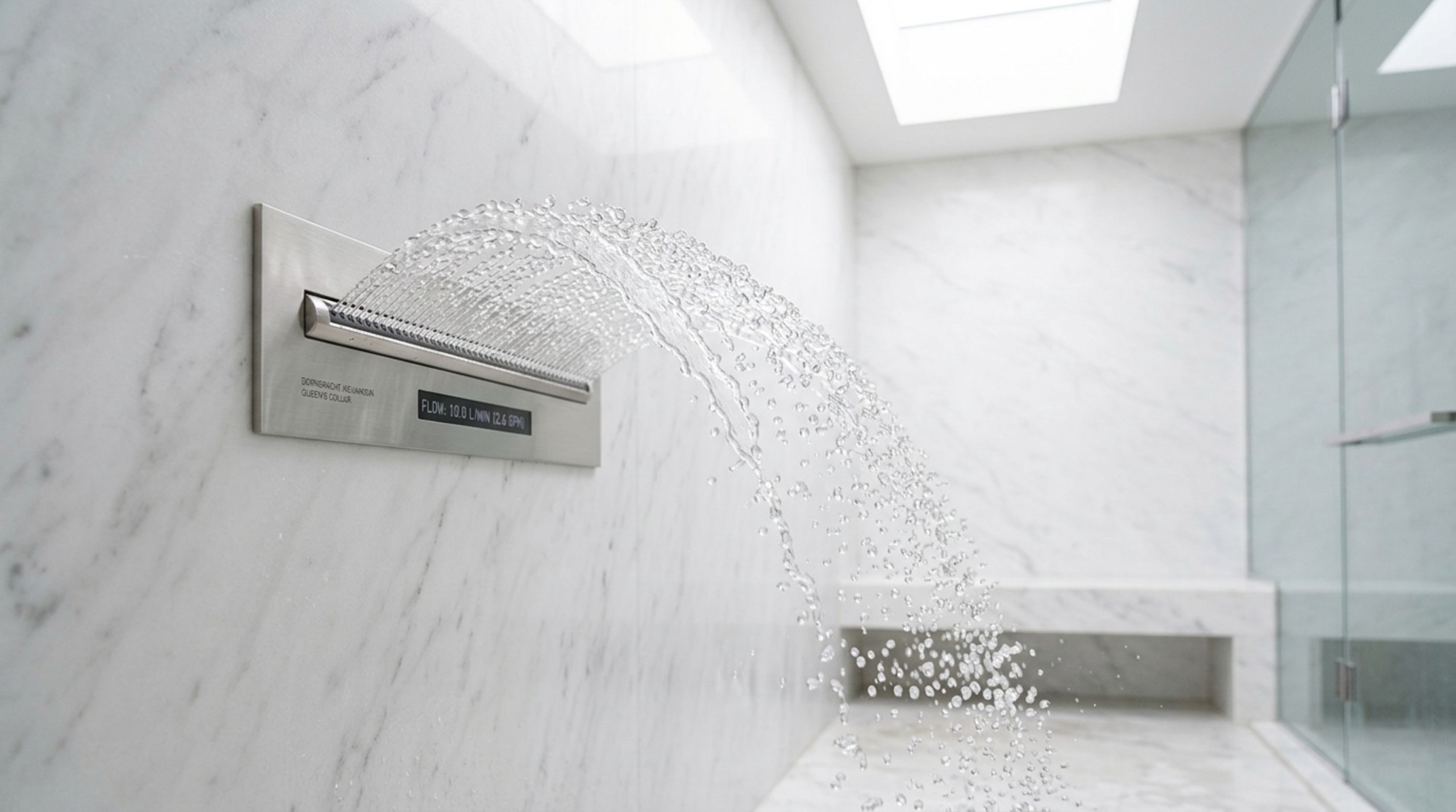 Dornbracht Aquamoon flow rates showing the Queen's Collar mode over a shoulder-height marble bench in a steam shower.