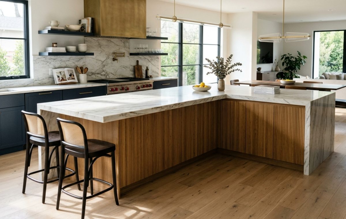 L-shaped kitchen island floor plan featuring a waterfall marble edge and warm white oak cabinetry under soft morning sunlight.