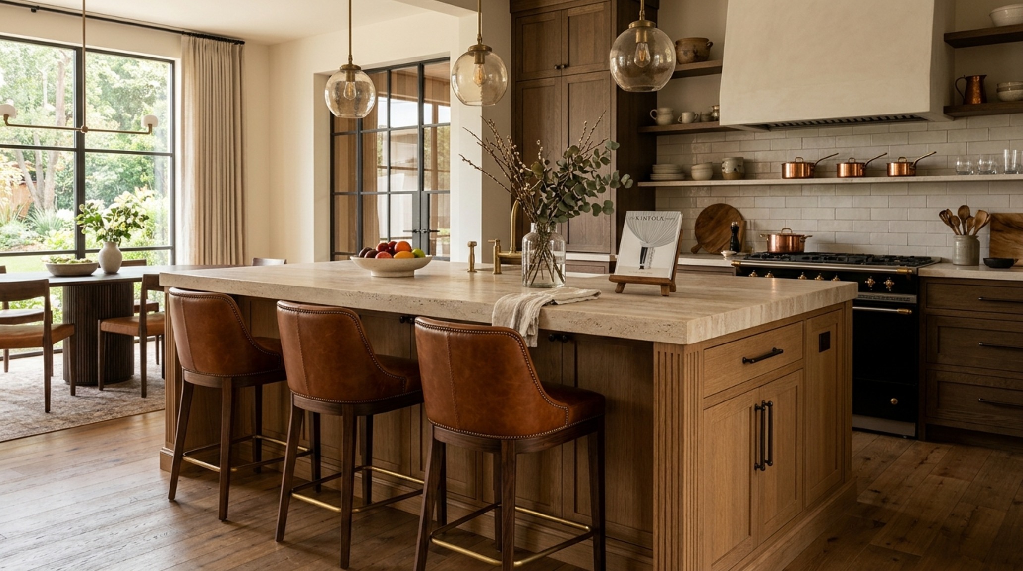 Kitchen island with seating floor plans designed with high-back leather stools and 15-inch knee clearance for ergonomic comfort.