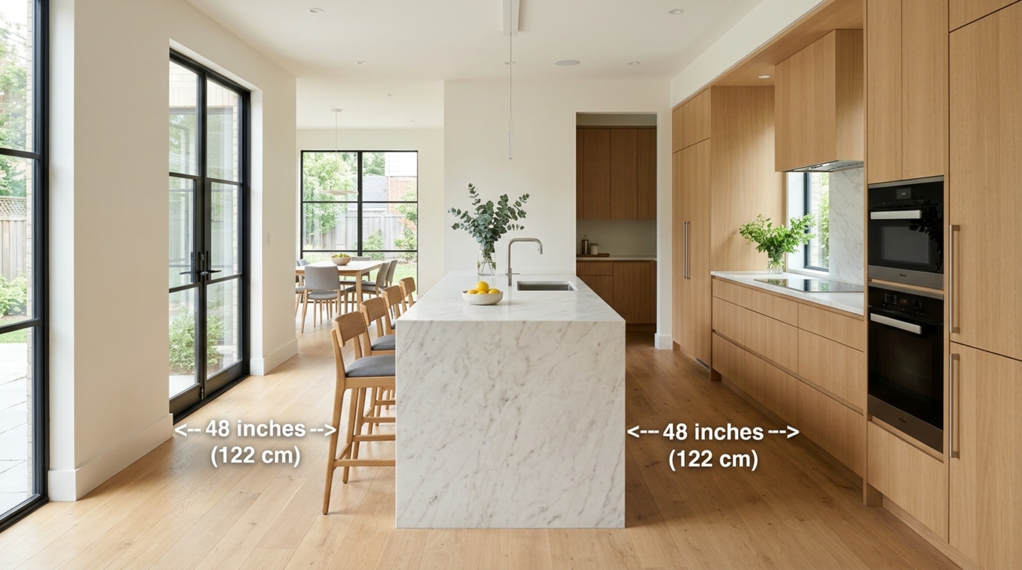 Kitchen island clearance dimensions illustrated in a spacious open-concept kitchen with 48-inch walkways and professional-grade appliances.