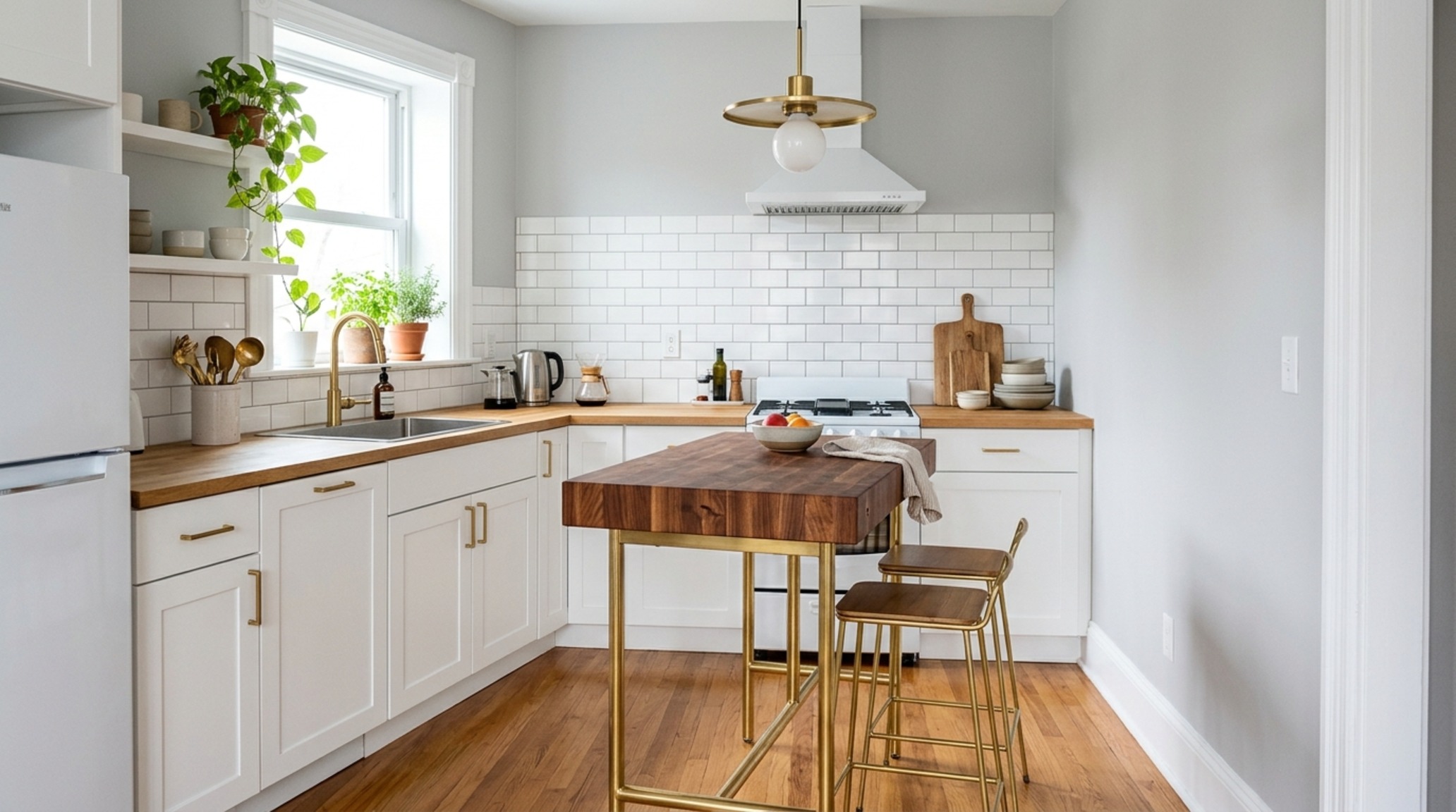 Small kitchen floor plans with island utilizing a slim 24-inch wide prep table on brass casters to maximize flow in a compact apartment.