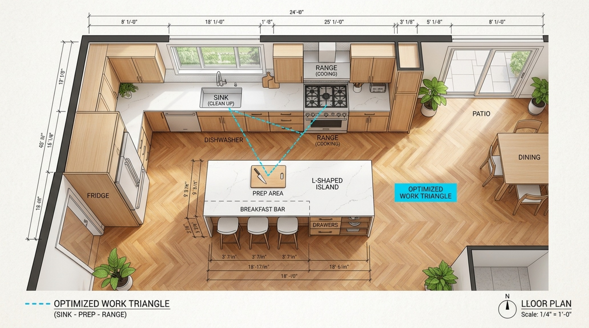 L-shaped kitchen island floor plan with a deep porcelain sink and views through large industrial-style windows toward a garden.