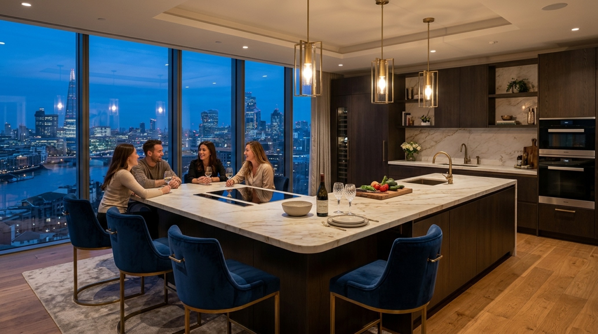 Kitchen island with seating floor plans integrated into a minimalist great room with seamless concrete flooring and neutral tones.