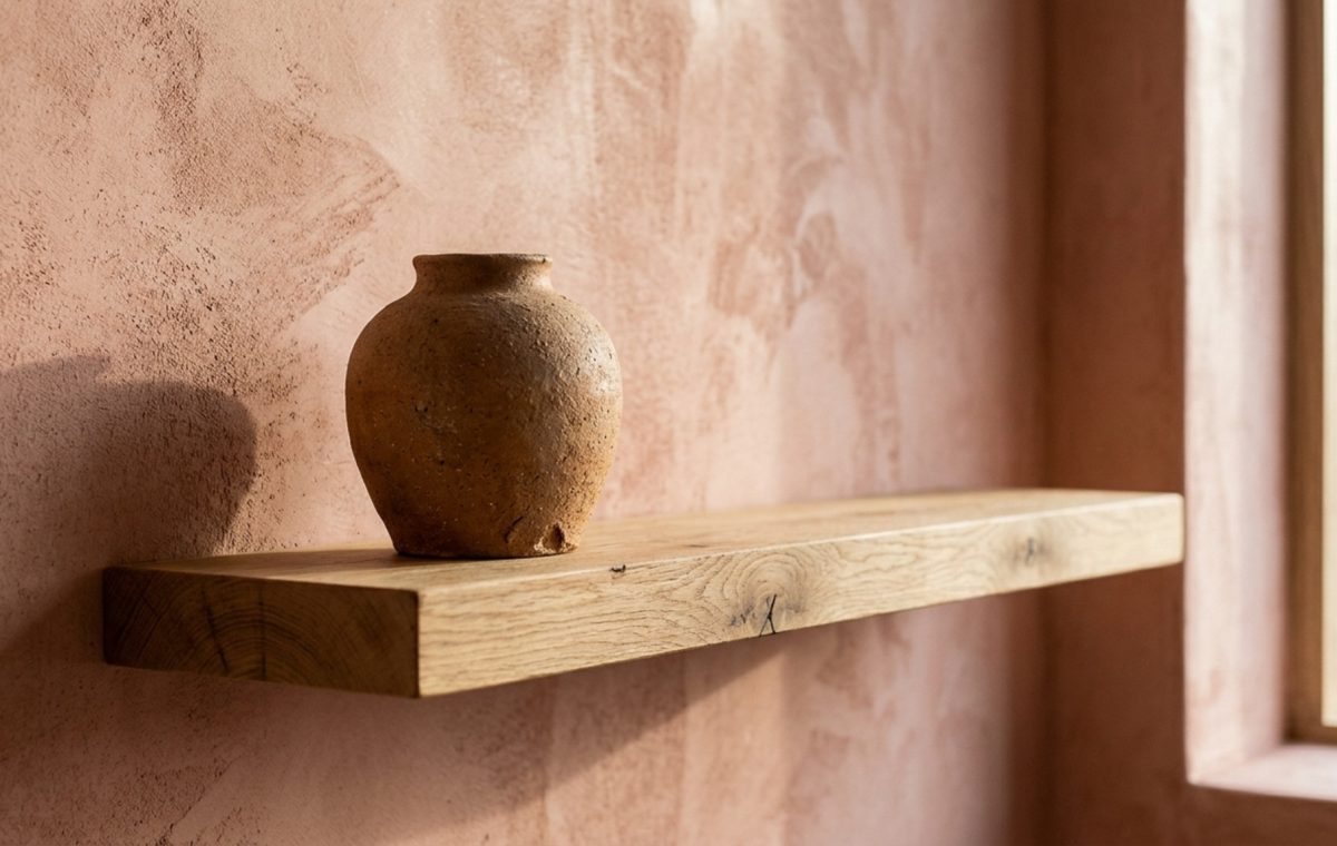 Tactile interior textures showcasing a hand-applied limewash wall in Farrow & Ball Setting Plaster with a raw ceramic vessel on a floating oak shelf.