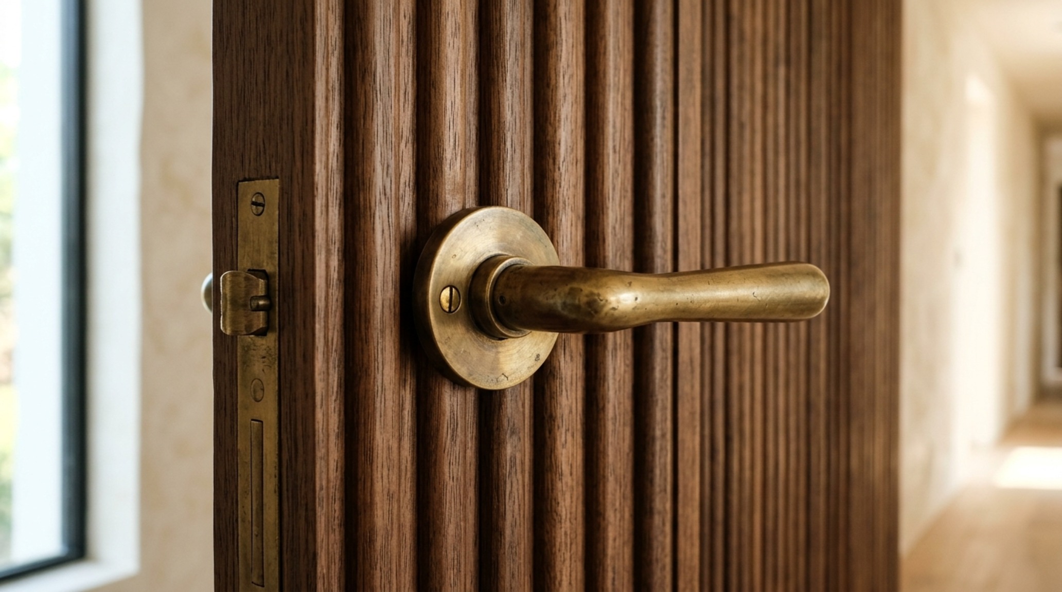 Functional interior decor items used as spatial anchors including a heavy brass doorstop and integrated fluted wood cabinetry pulls.