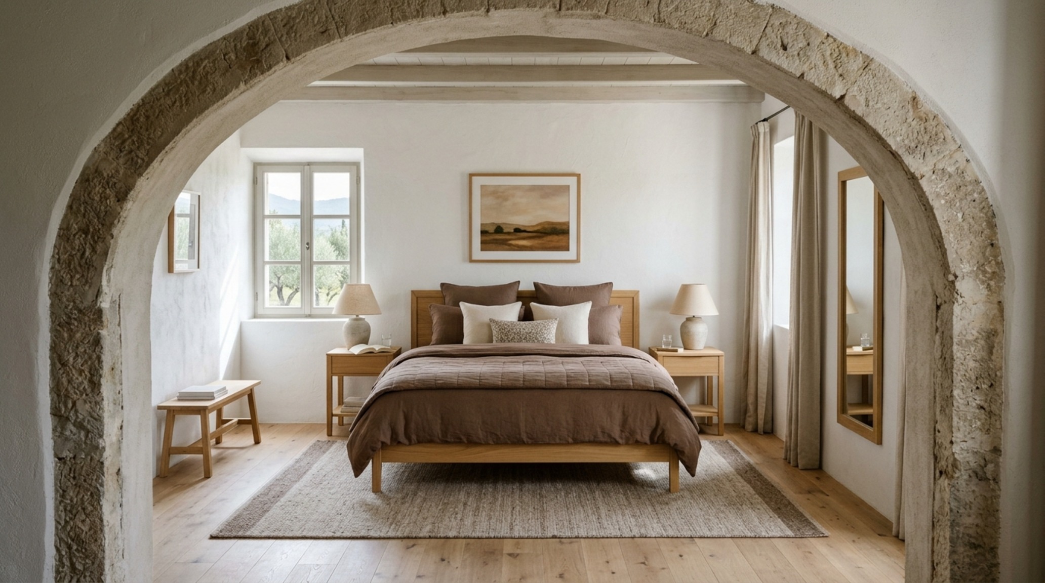 Spatial harmony in design shown through a sightline alignment from a textured plaster hallway into a high-materiality master bedroom.