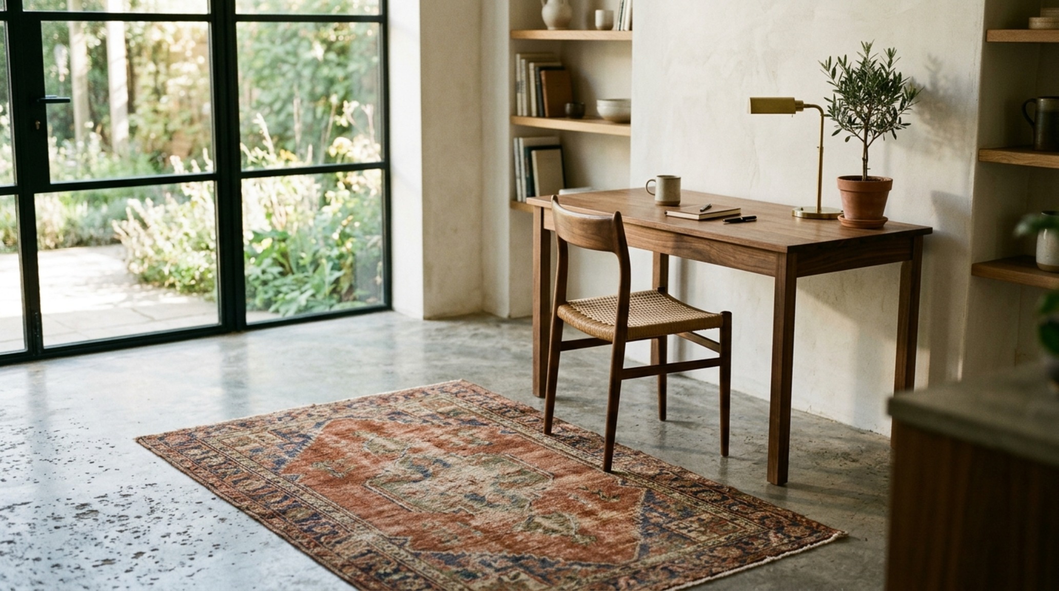 Sustainable interior accents featuring a vintage hand-woven Moroccan rug and FSC-certified walnut shelving in a minimalist office.