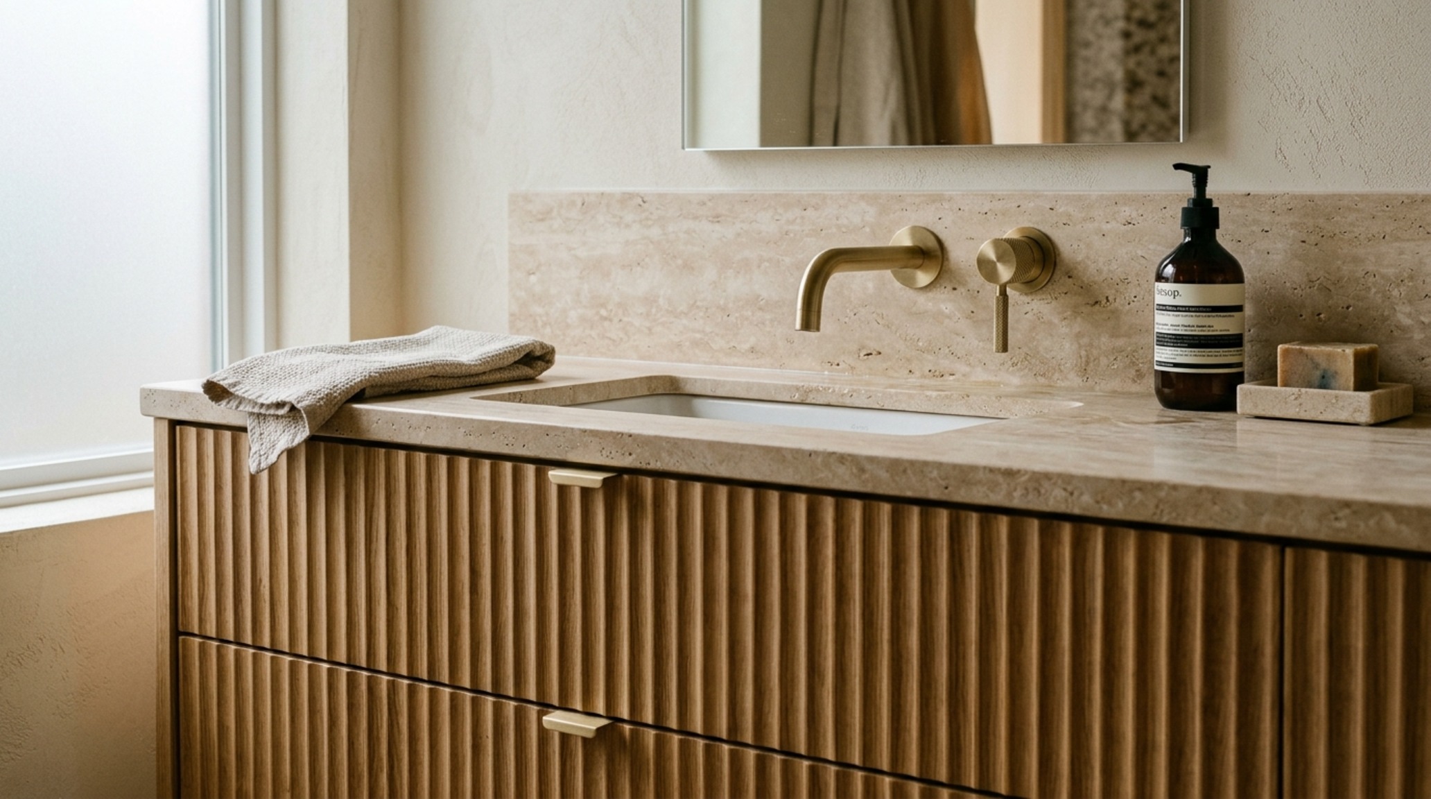 Tactile interior textures close-up of a fluted white oak vanity with a honed travertine countertop and high CRI 90+ architectural lighting.