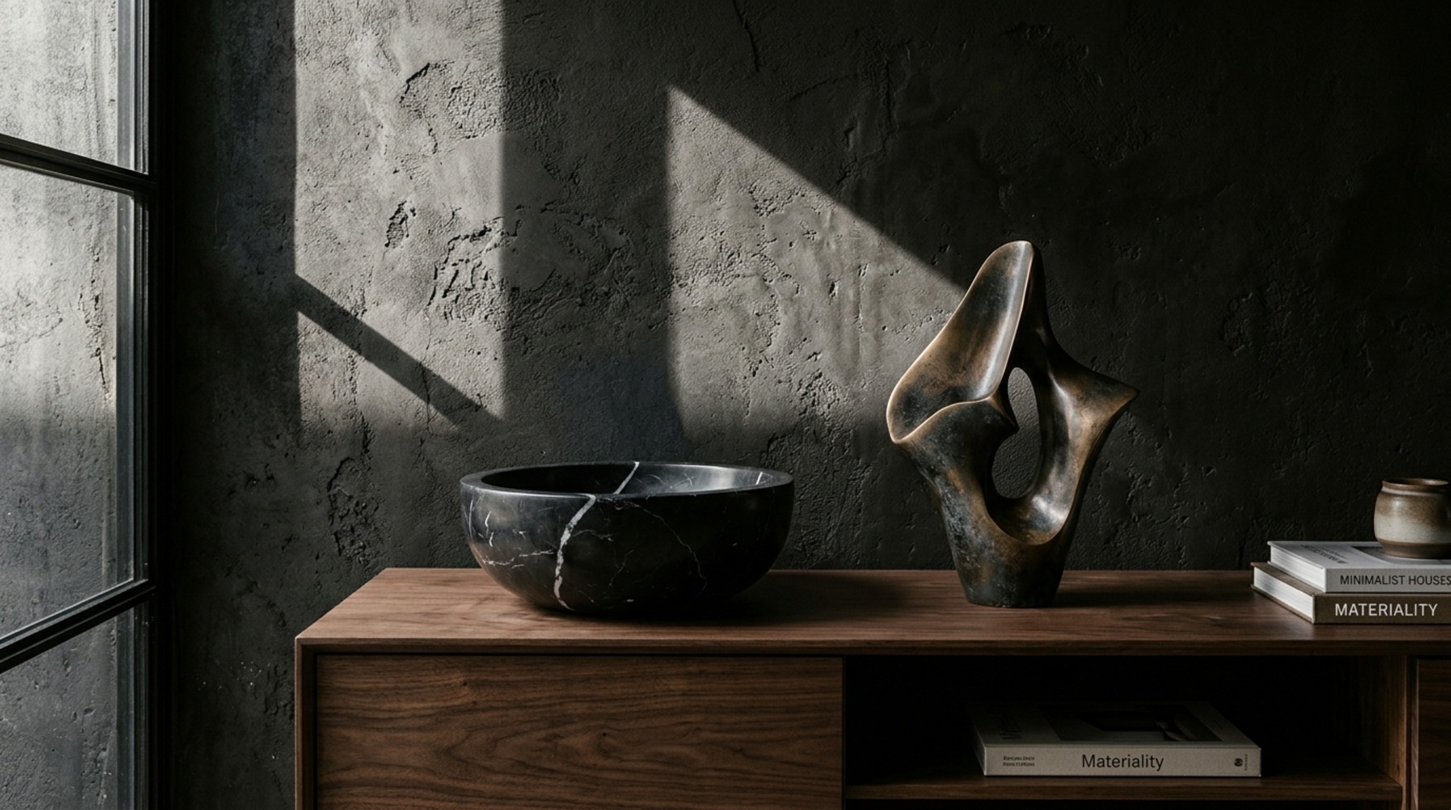 Luxury home styling objects including a solid Portoro marble bowl and a matte black metal sculpture on a minimalist console.