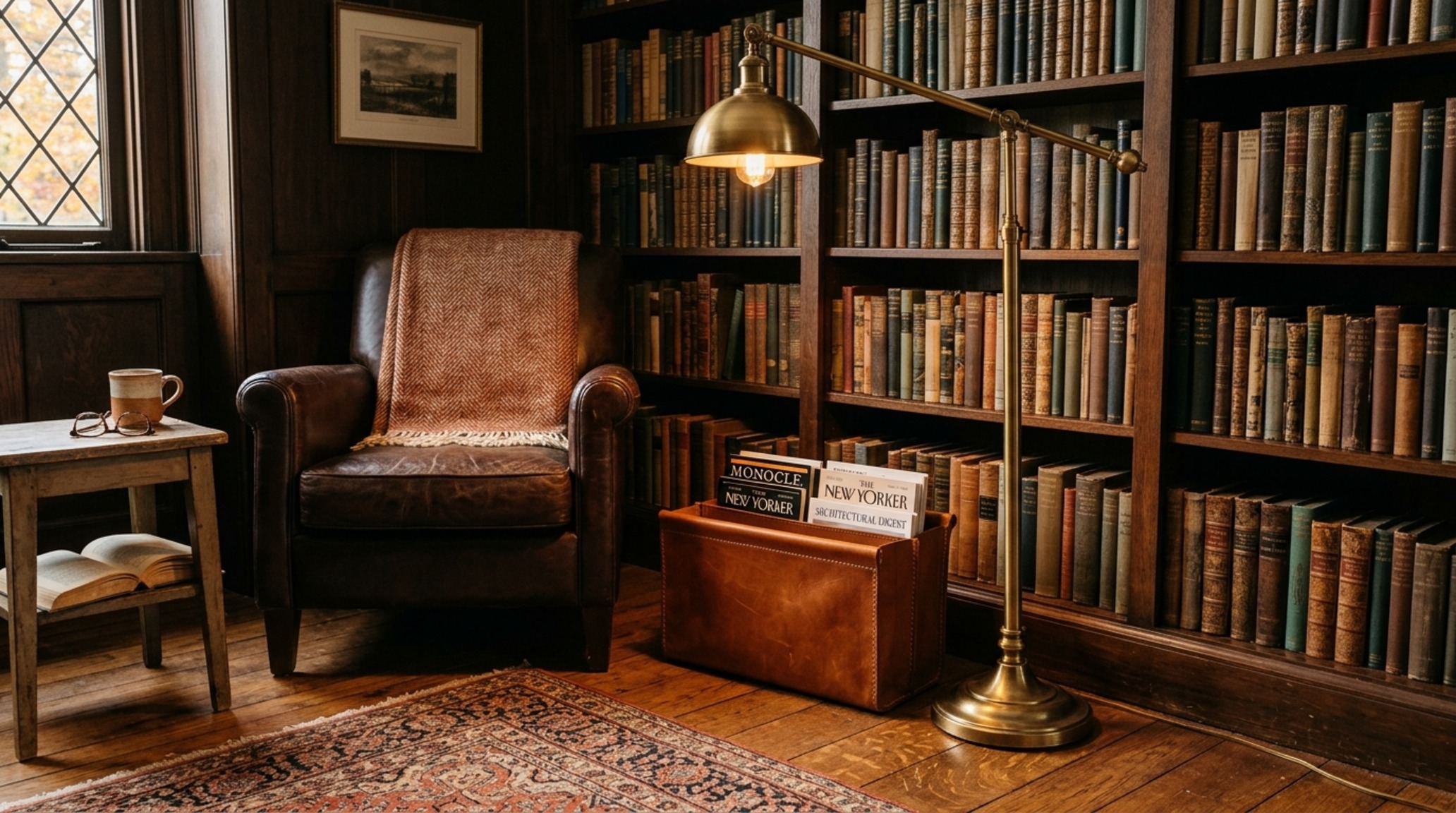 Functional interior decor items like a sand-cast iron fire tool set and a hand-stitched leather magazine rack beside a stone hearth.