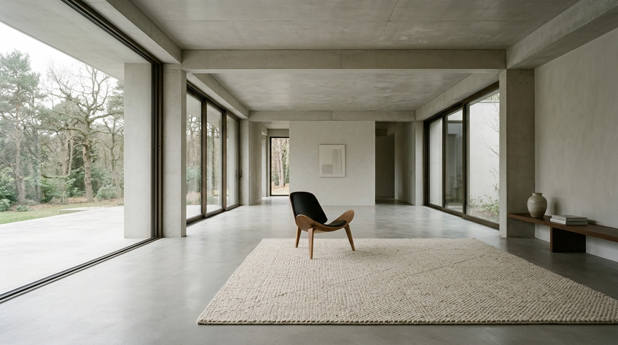 Spatial harmony in design illustrated by the balance of negative space around a low-profile lounge chair and a 2700K designer floor lamp.