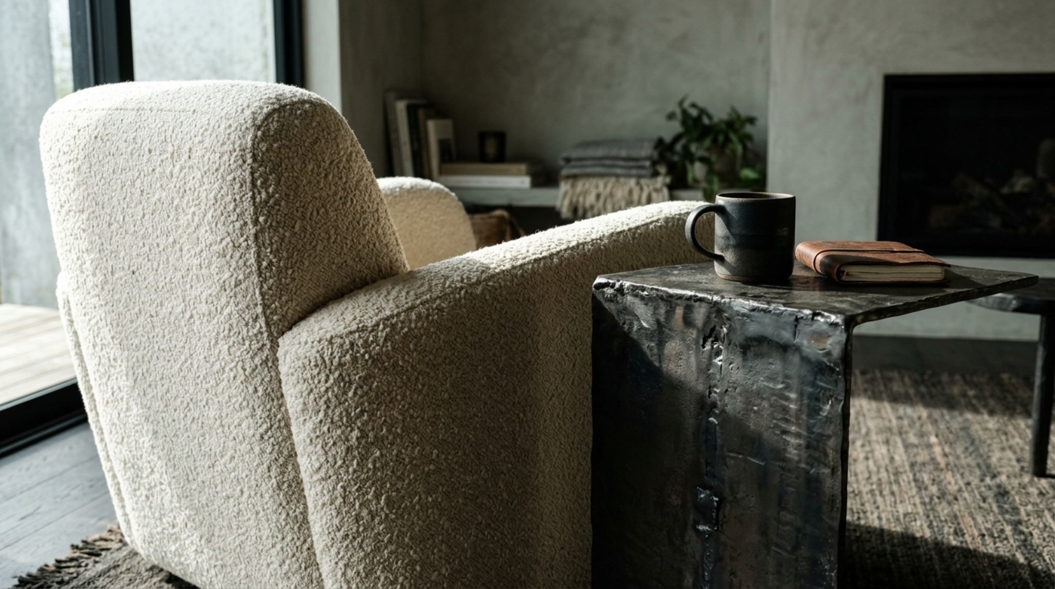 Tactile interior textures of a heavyweight bouclé armchair contrasted against a cold, blackened steel side table in a modern study.