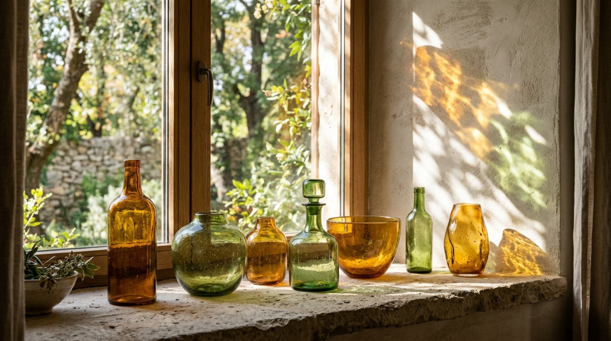 Luxury home styling objects consisting of a trio of hand-blown glass vases in 'muddied' mocha and olive tones catching natural light.
