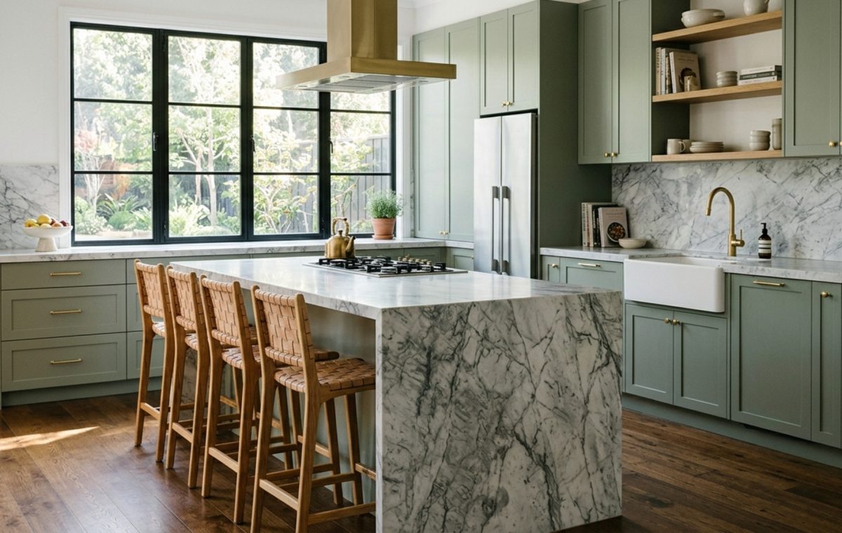 L-shaped kitchen floor plans featuring biophilic sage green cabinetry, a large marble island with 42-inch clearance, and warm 2700K pendant lighting.