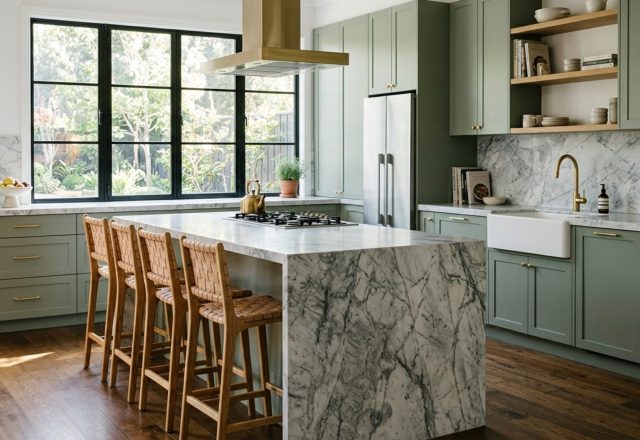 L-shaped kitchen floor plans featuring biophilic sage green cabinetry, a large marble island with 42-inch clearance, and warm 2700K pendant lighting.